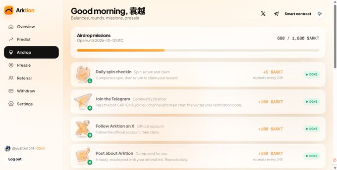 A screenshot of the 'Arktion' platform dashboard displaying an 'Airdrop missions' page for user '袁越', showing completed tasks including 'Daily spin check-in', 'Join the Telegram', 'Follow Arktion on X', and 'Post about Arktion', each marked as 'DONE' with $ARKT rewards.