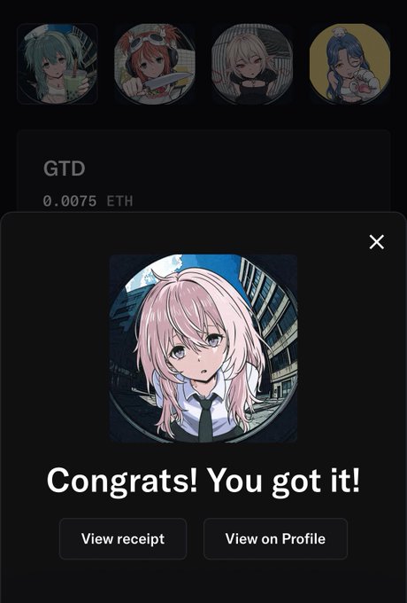 A mobile app screenshot showing an anime-style NFT collection with a popup notification reading 'Congrats! You got it!' displaying a pink-haired character, with a GTD priced at 0.0075 ETH visible above.