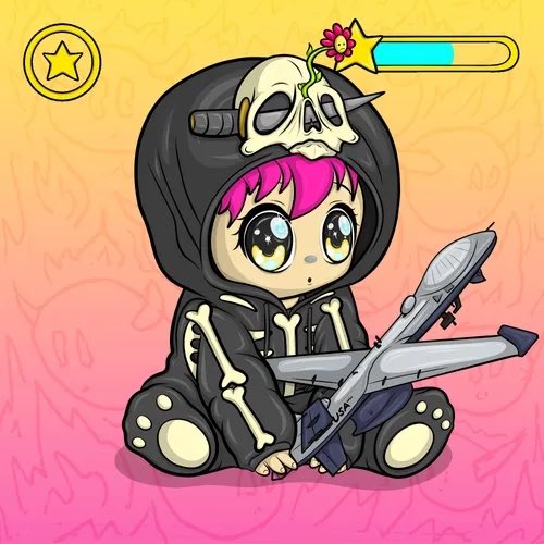 A chibi-style cartoon character with pink hair wearing a black skull-themed hoodie holds a small toy airplane, with game UI elements (star icon and health bar) in the corners.