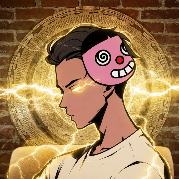 An anime-style illustration of a serious young man with glowing eyes and lightning, wearing a half-mask with a swirling eye and toothy grin, set against a golden mandala and brick wall.