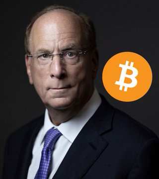 A serious-looking older man in a suit and purple tie stands next to a large orange Bitcoin logo on a dark background, visually representing BlackRock's notable involvement and endorsement in cryptocurrency regulation as discussed in the accompanying post about the Clarity Act.