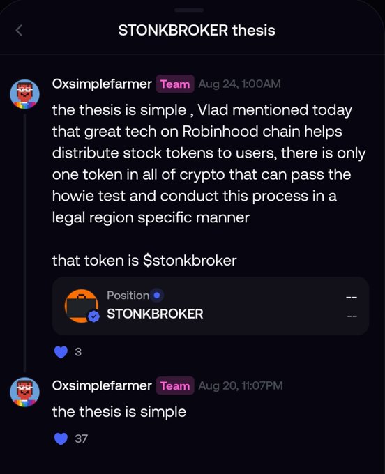 A Discord screenshot titled "STONKBROKER thesis" shows user "0xsimplefarmer" with a Team badge posting on Aug 24 at 1:00 AM, claiming "the thesis is simple, Vlad mentioned today that great tech on Robinhood chain helps distribute stock tokens to users, there is only one token in all of crypto that can pass the howie test and conduct this process in a legal region specific manner — that token is $stonkbroker," accompanied by a "Position: STONKBROKER" indicator with 3 likes. The post directly supports the caption's argument that Vlad Tenev was referencing $STONKBROKER rather than $INDEX, emphasizing that attentive observers should find this conclusion "pretty obvious."
