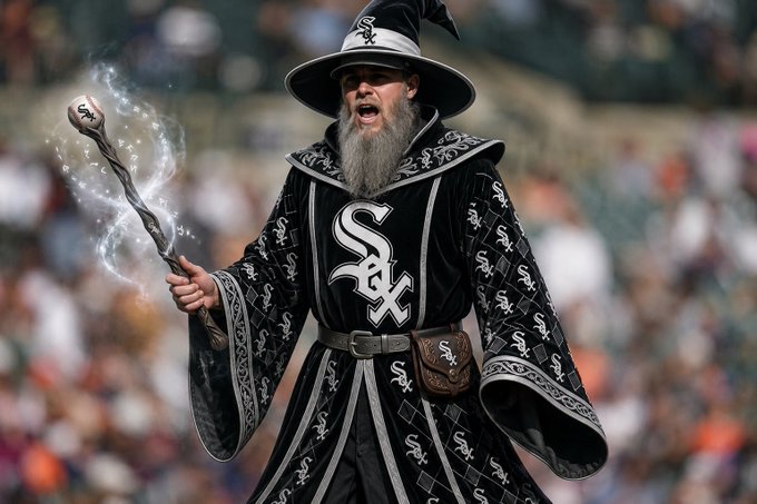 The image features a man dressed as a wizard, complete with a black robe, hat, and wand. He appears to be standing in front of a crowd at a baseball game, holding his wand high above his head. The caption reads "Vasil is gonna look like this by September isn't he?". This statement suggests that the wizard's costume could potentially change over time due to factors such as aging or wear and tear.
