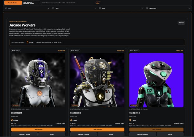 A screenshot of a cryptocurrency marketplace showing an 'Arcade Workers' NFT collection on Base, featuring three humanoid robot avatars with trait percentages and credit costs.