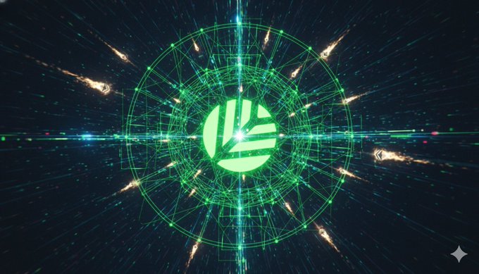 The image features a green circle with a white "I" inside, surrounded by numerous small lines of varying colors that appear to be emanating from the center of the circle. The background is dark blue, creating an immersive visual experience for the viewer. The caption below the image reads: "The gap between I heard about @CNPYNetwork and I'm earning $CNPY airdrop points" is about 10 minutes. Testnet is live. Deployment is simple."