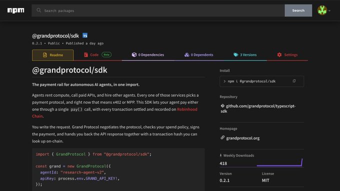 A screenshot of the npm package page for '@grandprotocol/sdk' version 0.2.1, describing an SDK for autonomous AI agents to pay for services using the x402 protocol on the Robinhood Chain.