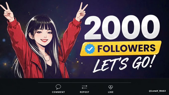 An anime-style graphic celebrating '2000 FOLLOWERS LET'S GO!' with a girl in a red jacket making peace signs, signed '@LunaX_Web3'.