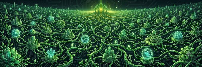 A vibrant green digital artwork depicting a sprawling circuit board landscape dotted with technological flora, glowing orbs, and small humanoid figures.