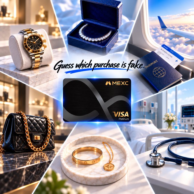 The image features a collage centered around a MEXC Visa Platinum card, surrounded by luxury items including a gold watch, diamond bracelet, designer handbag, Cartier-style jewelry, a business class airplane view, and a hospital room, with text challenging viewers to "Guess which purchase is fake." The collage visually reinforces the post's claim that real people use their MEXC Card for diverse purchases—from watches and bags to healthcare and flights—showcasing the card's versatility in everyday luxury spending.