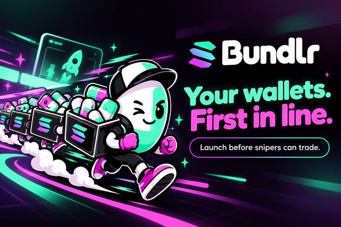 A colorful promotional graphic for Bundlr reads “Your wallets. First in line.” and “Launch before snipers can trade,” alongside a cartoon token character.