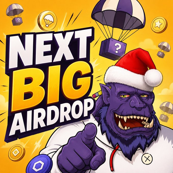 A cartoon-style promotional image for a 'NEXT BIG AIRDROP' featuring a purple monster wearing a Santa hat, surrounded by falling airdrop crates and cryptocurrency coins.
