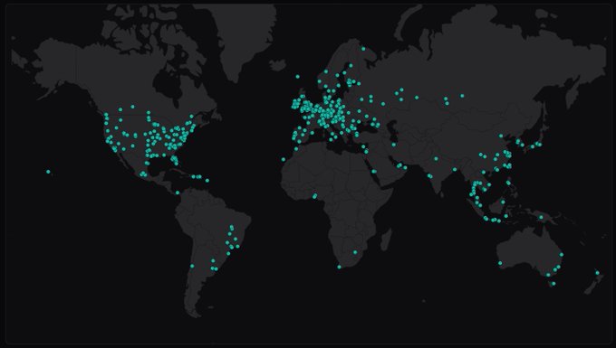 A dark-themed world map displays the geographic distribution of Kaspa (KAS) nodes as teal dots clustered heavily across North America, Europe, and East Asia, with sparse presence in South America, Africa, and Oceania—visualizing the network's reach across 64 countries in August 2026.