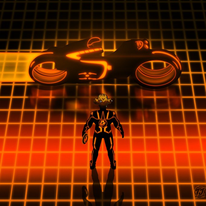 A digital illustration shows a figure in a futuristic orange and black suit standing before a sleek motorcycle, set against a glowing orange grid background reminiscent of Tron.
