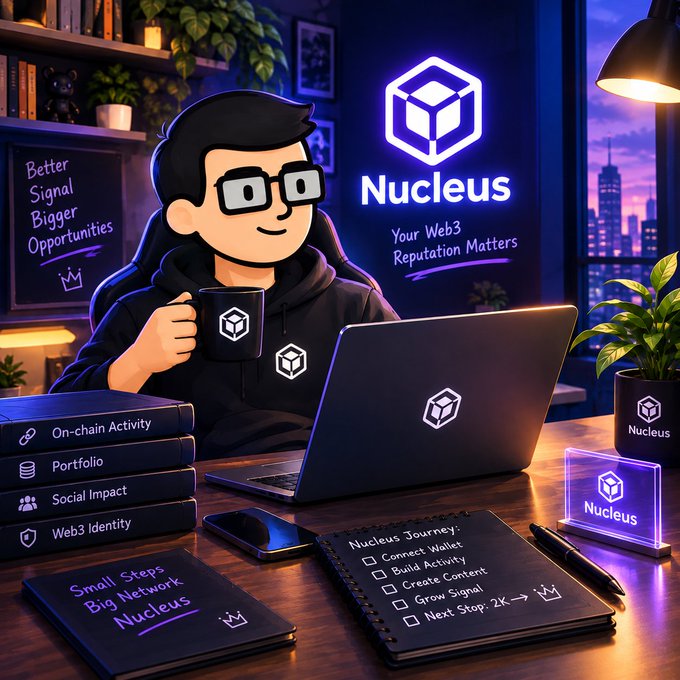 A stylized illustration of a bespectacled person in a hoodie holding a branded mug at a laptop displaying the 'Nucleus' logo, surrounded by elements like notebooks listing 'On-chain Activity,' 'Portfolio,' 'Social Impact,' and 'Web3 Identity,' with phrases 'Your Web3 Reputation Matters' and 'Small Steps, Big Network.'