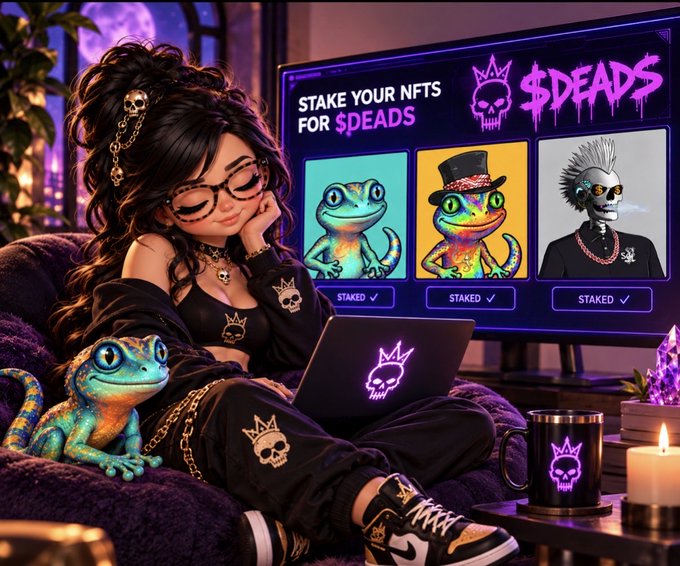 An illustrated scene of a woman with glasses and dark hair sitting on a couch with a colorful lizard, using a laptop, while a screen displays 'STAKE YOUR NFTS FOR $DEADS' alongside NFT character images.
