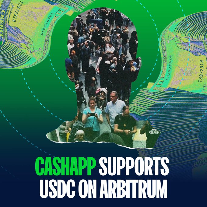 The image features a silhouette of a person's head filled with a photo of a crowd, overlaid with stylized US dollar bill graphics, and bold text at the bottom reading "CASHAPP SUPPORTS USDC ON ARBITRUM." This visually reinforces the post's announcement that CashApp has integrated USDC stablecoin support on the Arbitrum network, expanding crypto access to its 59 million monthly users.