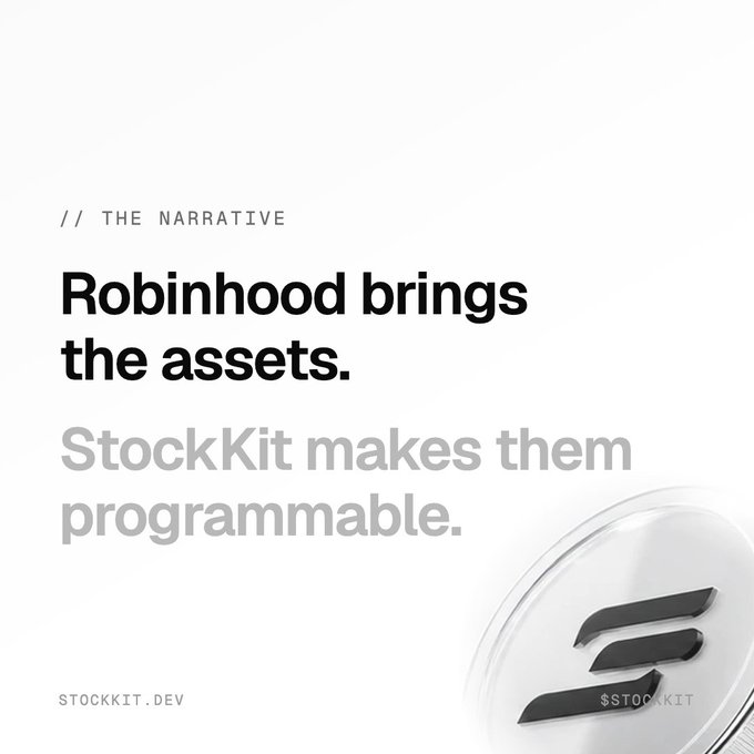 A minimalist promotional graphic with a white background displays the header "// THE NARRATIVE" in small black text, followed by the bold black statement "Robinhood brings the assets." and the gray text "StockKit makes them programmable." In the bottom right corner, a translucent circular glass-like object features three dark slanted stripes with "$STOCKKIT" inscribed, while the bottom left shows the URL "STOCKKIT.DEV." The image visually reinforces the post's message by pairing the Robinhood/StockKit partnership tagline with a sleek, tech-forward design that emphasizes StockKit's role in tokenizing and making stocks programmable, echoing the post's theme of opening closed financial systems to developers.