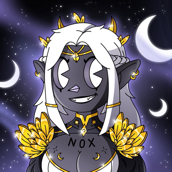 An illustration of a character named 'NOX' with gray skin, white hair, pointed ears, golden accents, and crescent moon eyes, set against a purple starry background with moons.