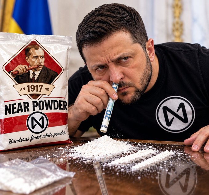 A promotional image shows a bearded man using an inhaler-like tube beside a bag labeled “AN 1917 NO,” “NEAR POWDER,” “Banderas finest white powder,” and a stylized “M” logo, with white powder scattered on a reflective table.