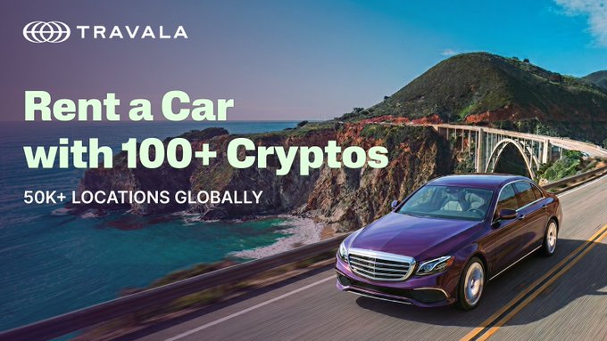 The image shows a purple car driving down a road next to a bridge over water. The text on the image reads "Travala Rent a Car with 100+ cryptos 50,000+ locations globally. 150+ countries. Zero banks. Book now travala.com/cars". This suggests that the image is promoting Travala's car rental service, which allows users to rent cars for a fee using Bitcoin as payment. The car in the image appears to be a luxury vehicle, adding to the appeal of the service.