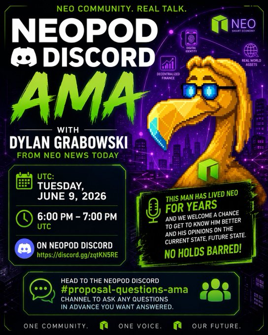 The image features a poster for a Neopod Discord event, with a cartoon bird as the main attraction. The poster includes text that reads "Neopod & Discord Ama" and "With Dylan Grabowski from Neo News Today". There is also information about the event on the poster, such as the date (July 9th), time (6:00 PM - 7:00 PM), and location (UTC). The post includes a link to the event page for more details.