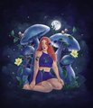 The image shows a melancholic cartoon character in a blue dress standing in the rain under an umbrella, surrounded by glowing fireflies and a dark, stormy backdrop. The caption should read: "A pensive cartoon girl in a blue dress shelters under an umbrella amid a rainy, moonlit scene with glowing fireflies, evoking the quiet patience of waiting for the first bid."