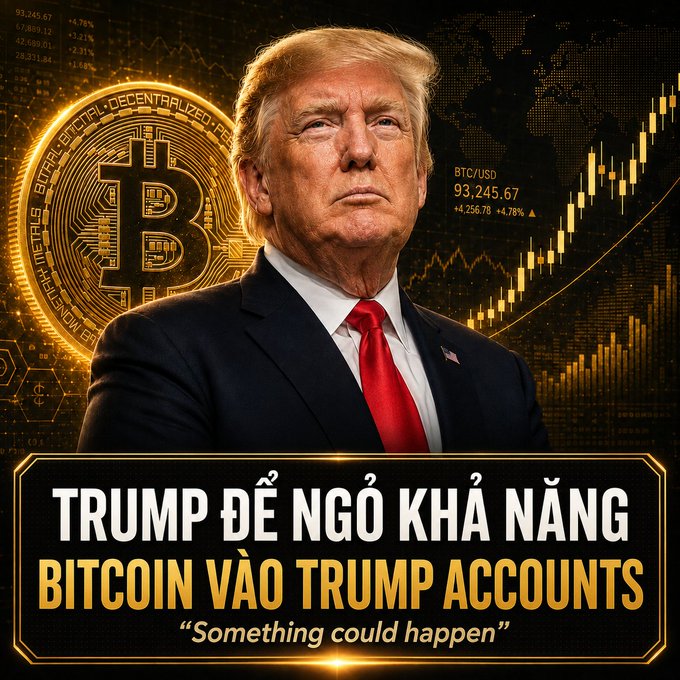 The user wants a concise caption describing the image.
I need to identify the key elements:
- **Subject:** Donald Trump.
- **Background:** A large Bitcoin coin, financial charts, world map, stock ticker data.
- **Text (Vietnamese):** "TRUMP ĐỂ NGÔ KHẢ NĂNG" and "BITCOIN VÀO TRUMP ACCOUNTS".
- **Text (English/Quote):** "Something could happen".
- **Data:** BTC/USD price is shown as 93,245.67 with a positive change of +4,256.78 (+4.78%).
- **Context:** The image is clearly about Donald Trump hinting at Bitcoin potentially being part of a "Trump Account" (likely referring to a proposed investment account for children, mentioned in the prompt text).

**Drafting the caption:**
- Start with the main subject: Donald Trump.
-
