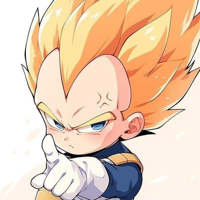 Anime artwork of a Super Saiyan character with spiky yellow hair, blue eyes, and an angry expression, pointing forward in a blue and orange outfit.