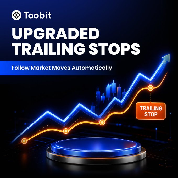 A promotional graphic for "Toobit" advertising "UPGRADED TRAILING STOPS - Follow Market Moves Automatically" with a glowing trading chart and a "TRAILING STOP" label.