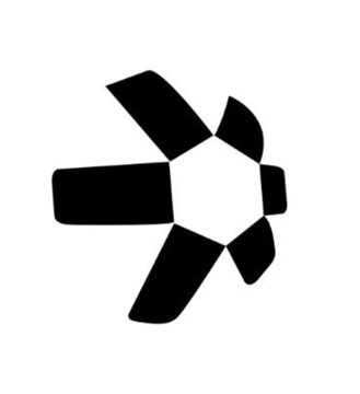 A black and white abstract logo featuring a stylized pinwheel or flower-like geometric design composed of angular shapes.