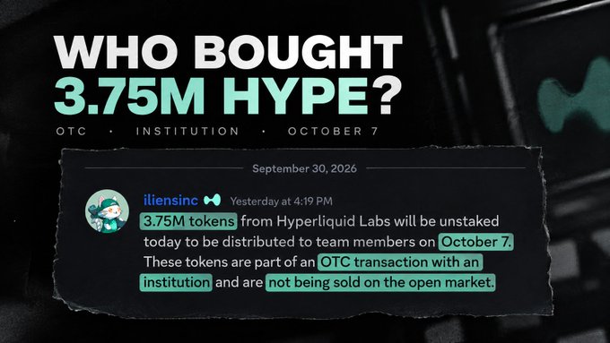 A graphic titled 'WHO BOUGHT 3.75M HYPE?' includes a Discord message from 'illiensinc' dated September 30, 2026, discussing unstaked tokens for team members and an OTC transaction.