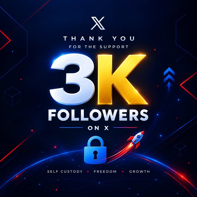 Digital graphic celebrating '3K FOLLOWERS ON X' with text 'THANK YOU FOR THE SUPPORT', 'SELF CUSTODY • FREEDOM • GROWTH', featuring a lock icon and the X platform logo.