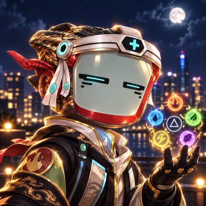 A 3D-rendered anime-style character with a robotic helmet featuring a teal visor, wearing ornate samurai-like armor and holding up a glowing circular emblem with various elemental symbols against a nighttime cityscape.
