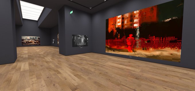 An art gallery interior displays large paintings on dark gray walls over light wooden floors, including a prominent red-toned artwork on the right.