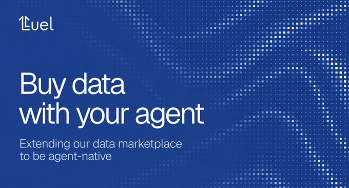 A blue promotional graphic with the Luel logo and the text 'Buy data with your agent — Extending our data marketplace to be agent-native.'