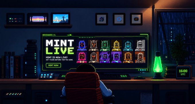A person sits at a retro arcade-themed computer setup, facing a large monitor displaying a "MINT LIVE" page for "@VHOODS V1" with the text "MINT IS NOW LIVE! GET YOURS BEFORE THEY'RE GONE" and a "MINT NOW" button. The digital clock reads 16:00 UTC, and the scene visually reinforces the announcement that the vhoods mint is now live via orvohoods.xyz.