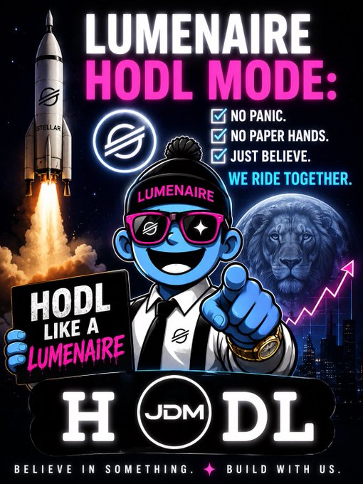 A vibrant graphic titled 'LUMENAIRE HODL MODE' features a blue cartoon character holding a 'HODL LIKE A LUMENAIRE' sign, alongside a rocket, a lion, and text including 'NO PANIC. NO PAPER HANDS. JUST BELIEVE. WE RIDE TOGETHER.' with 'HODL JDM' at the bottom.