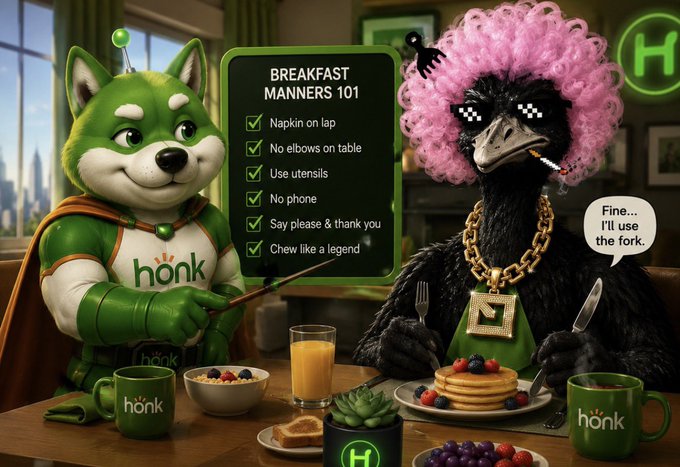 A green and white husky mascot wearing a "honk" jersey points a magic wand at a "Breakfast Manners 101" checklist, while a black ostrich with a pink afro, pixel sunglasses, and gold chain holds a fork and knife over pancakes, replying "Fine... I'll use the fork." The image ties to the post by showing the "honk" and "H" Hedera/Hashbar branding referenced in the $hbar 100-to-1000 challenge callout.