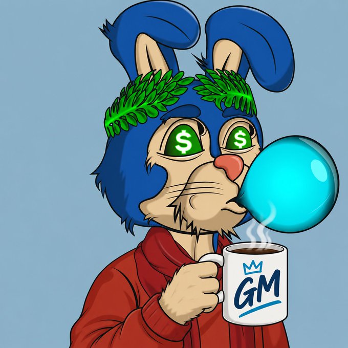A cartoon bunny with green fern-like eyebrows and dollar signs in its eyes blows a blue bubble while sipping coffee from a mug labeled "GM," fitting the post's cheerful "Good Morning" crypto check-in featuring $BTC around $78.3k.