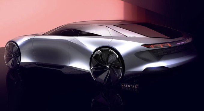 A digital rendering of a sleek, silver futuristic concept car with the brand 'PEUGEOT' and the word 'MAESTAS' visible.