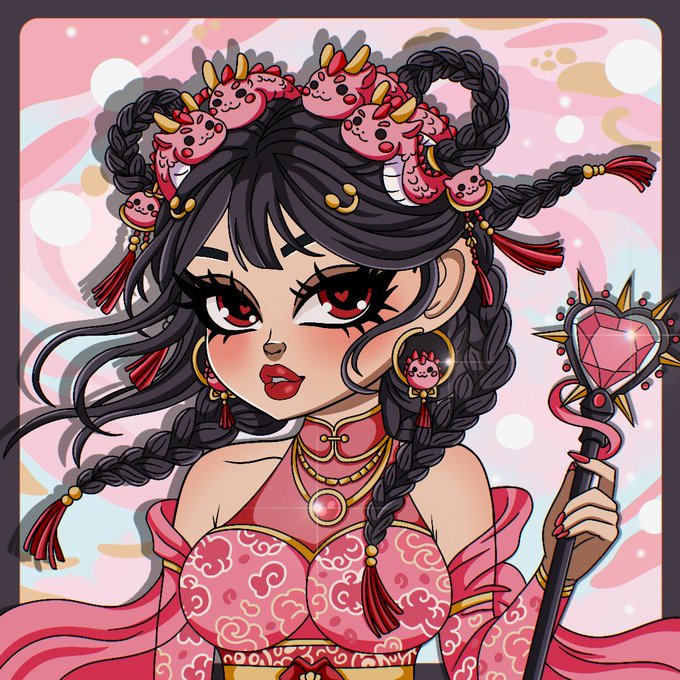 A detailed anime-style illustration of a girl with black hair adorned with pink dragon ornaments, red eyes, and a pink Chinese-style outfit holding a heart-topped staff.