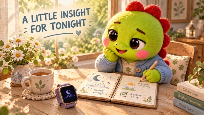A cute illustration of a green dinosaur-like character wearing a blue cardigan, sitting at a table with a journal showing 'Restful enough' and 'A softer start' entries, with text reading 'A Little Insight for Tonight.'