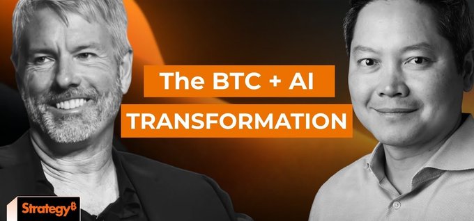 A graphic featuring black and white portraits of two men flanking the text 'The BTC + AI TRANSFORMATION', with a 'Strategy' logo in the bottom left corner.