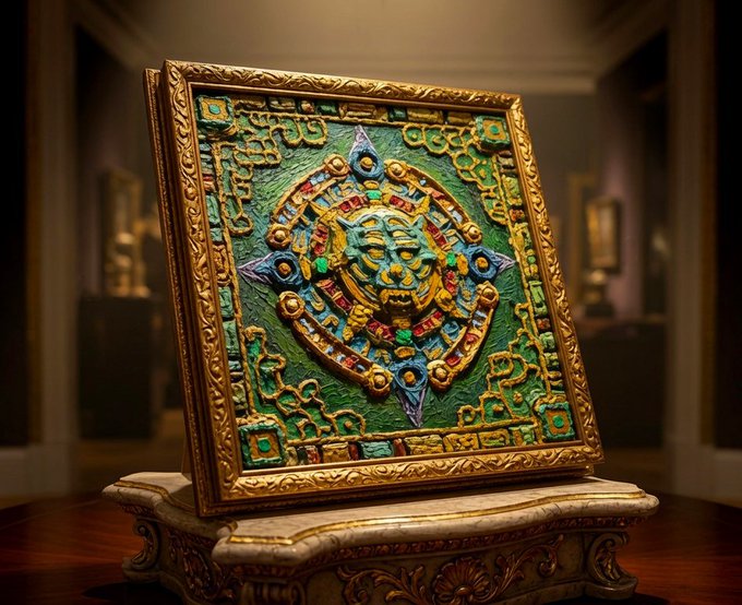 An ornate, colorful artifact with a carved green and gold face mounted on a pedestal in a dimly lit gallery setting.