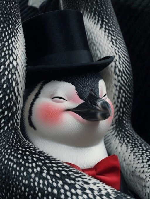 A photorealistic image of a penguin wearing a black top hat and a red bow tie, with rosy cheeks, nestled among black and white speckled feathers.