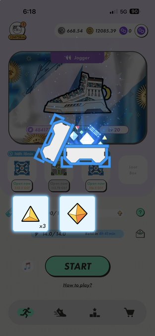 A mobile game screenshot showing a sneaker character labeled 'Jogger' at level 20, with a pop-up displaying triangular gems and a 'START' button.