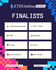 A graphic titled 'ETHOnline 2024 FINALISTS' listing projects including LiquidStellarList, Noir Corpus, ZARZ, OpenBook, Clarion, Petiri, OrchaiProtocol, and ETH Arcade.