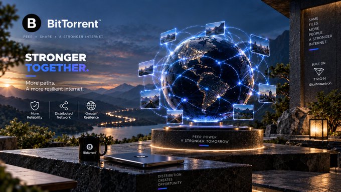 A BitTorrent advertisement titled 'STRONGER TOGETHER' displays a glowing digital globe with floating images, highlighting features like reliability, decentralized network, and greater resistance.