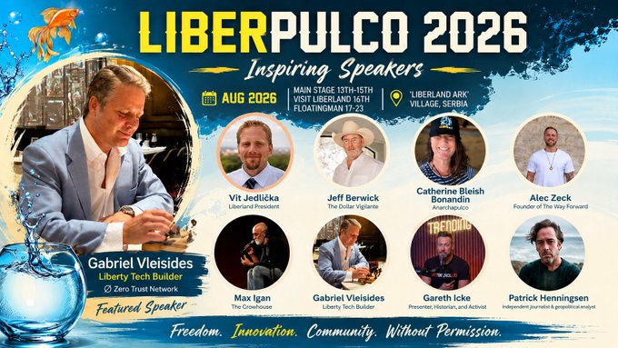 This is a promotional poster for LIBERPULCO 2026, an event featuring inspiring speakers like Vit Jedlička, Jeff Berwick, and others. The poster highlights speakers and event details, reflecting the context of a cryptocurrency-related announcement due to the mention of $PCOCK and $ZERO tokens.