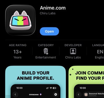 The image shows the anime.com app listing on the iOS App Store, developed by Chiru Labs, with an "Open" button indicating it's available to download. The app is rated 13+ and categorized under Entertainment, with preview screenshots highlighting features like "BUILD YOUR ANIME PROFILE" and "JOIN COMMUNITY, FIND YOUR FANS." This relates to the post announcing anime.com's app launch, which the post celebrates as part of an exciting week for the Azuki community.